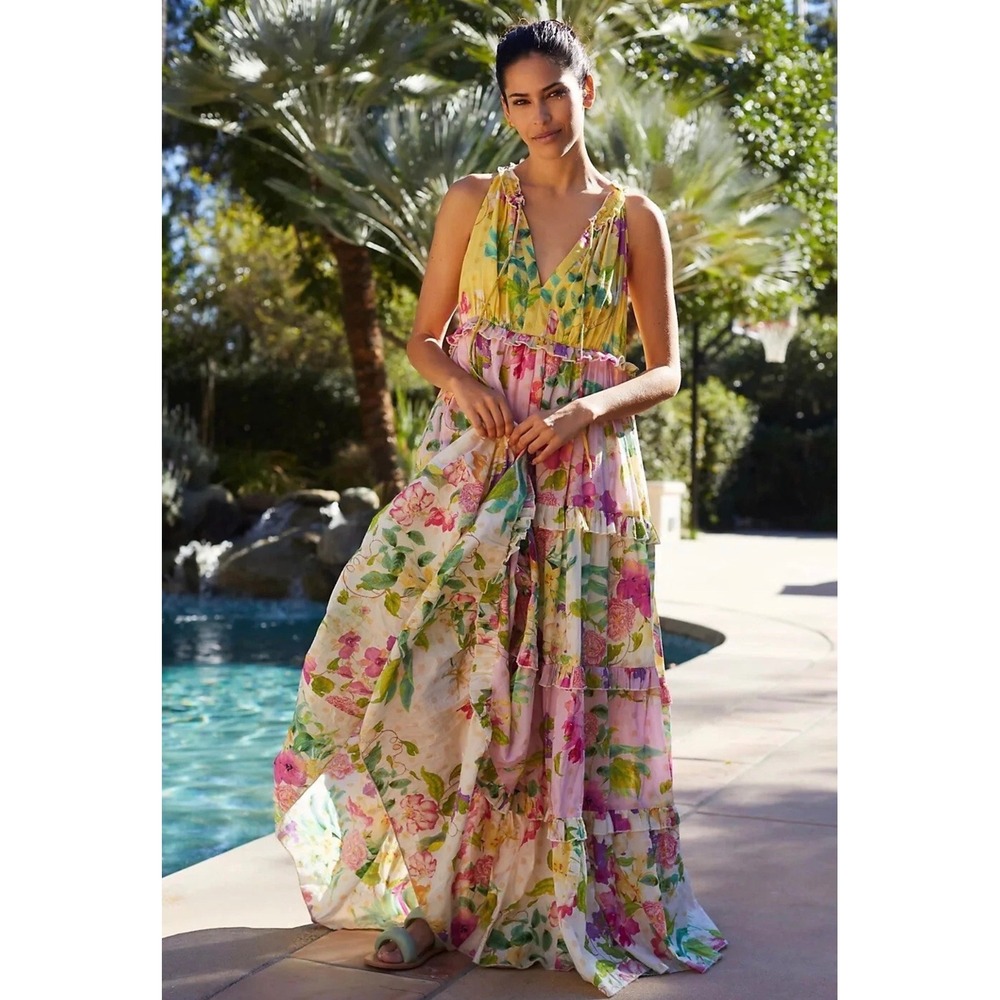 PQ Floral Tiered Maxi Dress Ruffle Halter Gold Lurex Pink Yellow Small